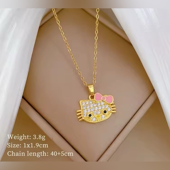 18K Gold Plated Hello Kitty Head W/ Enameled Bow Pave Diamond Inlay Necklace - Picture 3 of 7